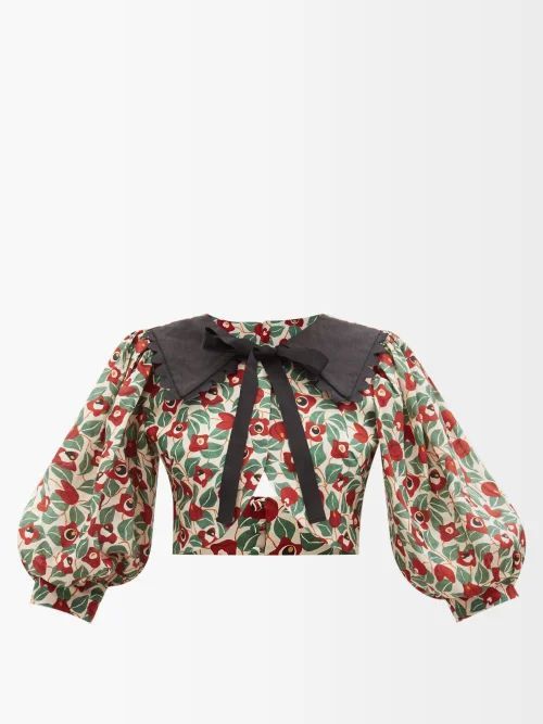 Granate Cropped Floral-print Linen Top - Womens - Green Red