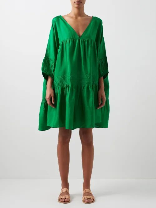 Airi Pintucked Silk-habotai Dress - Womens - Green