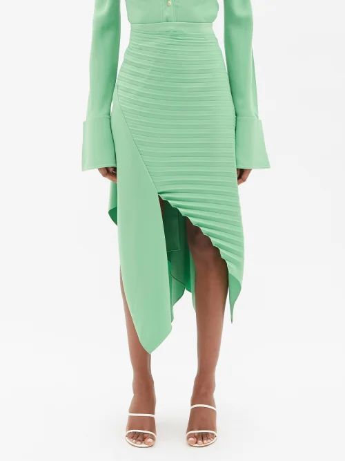 Asymetric Pleated-crepe Midi Skirt - Womens - Green