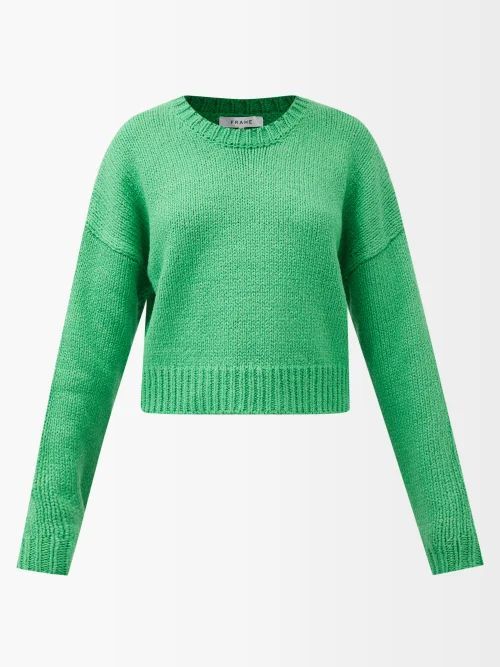 Round-neck Cotton Cropped Sweater - Womens - Green