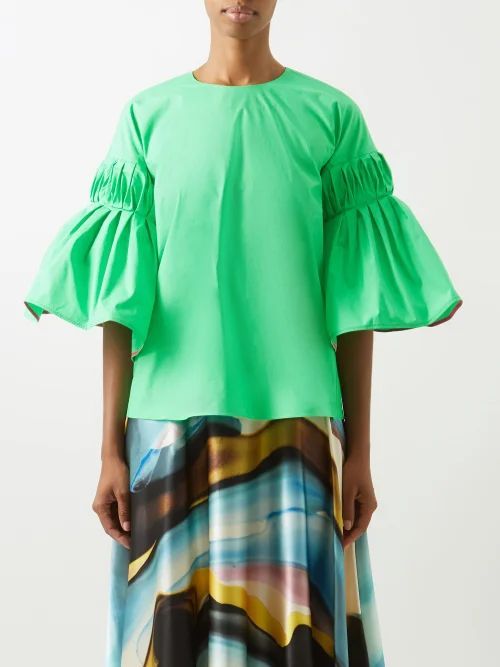 Kamalah Bell-sleeve Cotton Top - Womens - Green