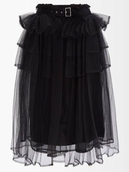 Belted Tiered-tulle Midi Skirt - Womens - Black