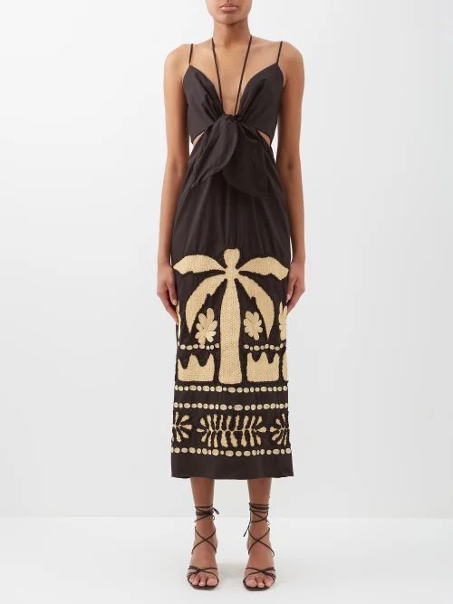 Balmy Palm Tree-appliqué Cotton-poplin Dress - Womens - Black Multi