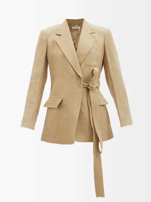 Tied Linen-twill Suit Jacket - Womens - Beige