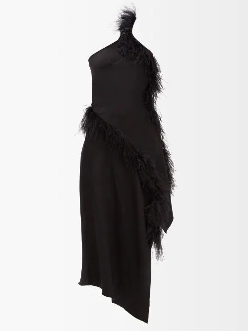 Feather-embellished Linen-blend Midi Dress - Womens - Black