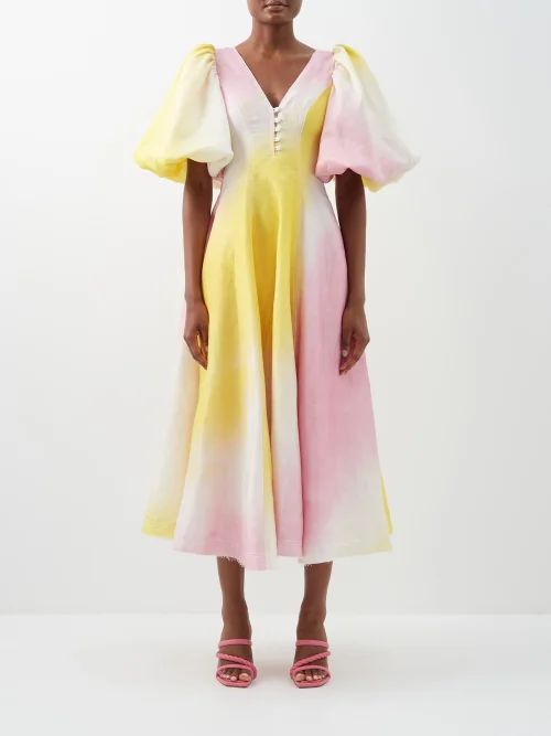 Cloudburst Tie-dyed Linen-blend Midi Dress - Womens - Pink Yellow