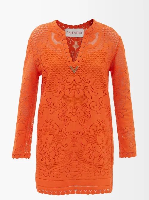 Peonies V-logo Cotton-blend Lace Dress - Womens - Orange