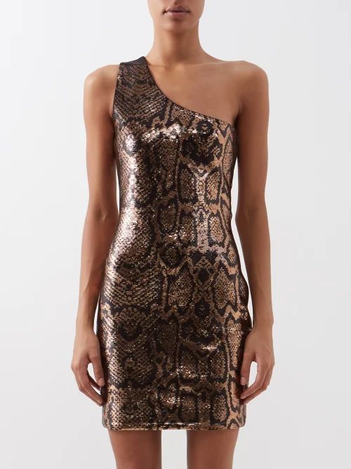 One-shoulder Snake-sequinned Mini Dress - Womens - Gold