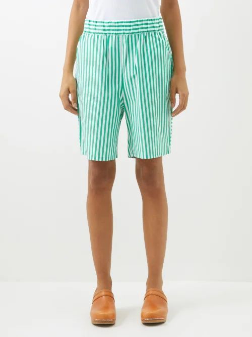 Striped Cotton-poplin Shorts - Womens - Green White