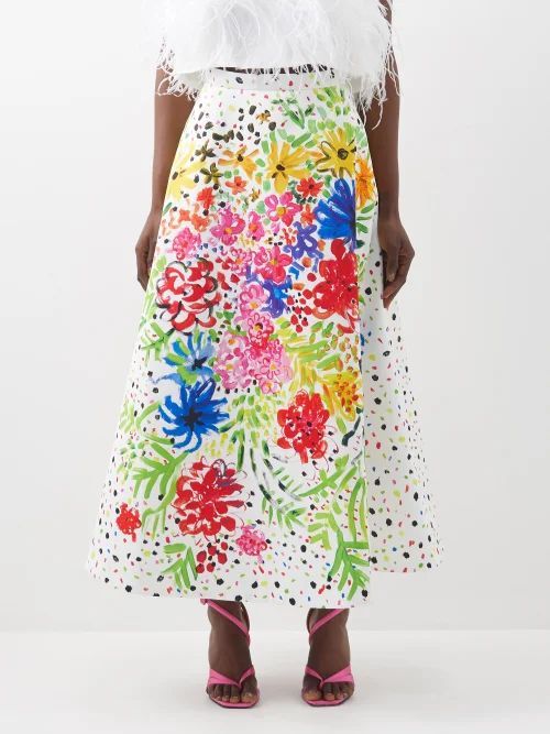 Neon Floral Printed Duchess-satin Midi Skirt - Womens - Multi