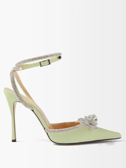 Double Bow Crystal And Silk-satin Pumps - Womens - Light Green