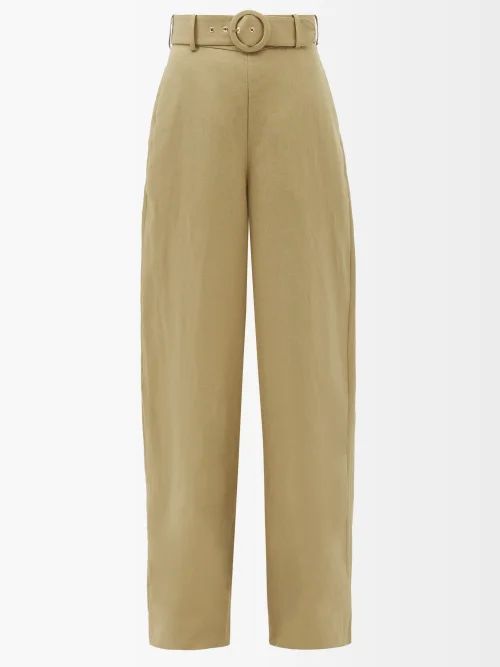 Belted Linen Wide-leg Trousers - Womens - Khaki