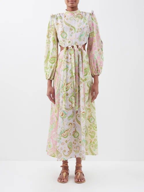 Marta Paisley-print Cutout-waist Linen-voile Dress - Womens - Pink Multi