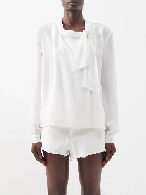 Pussy-bow Drape-front Silk Blouse - Womens - Ivory