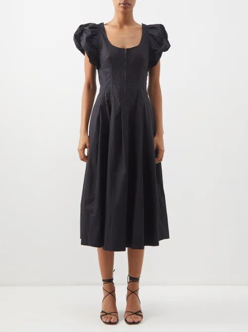 Malie Puff-sleeve Cotton Midi Dress - Womens - Black
