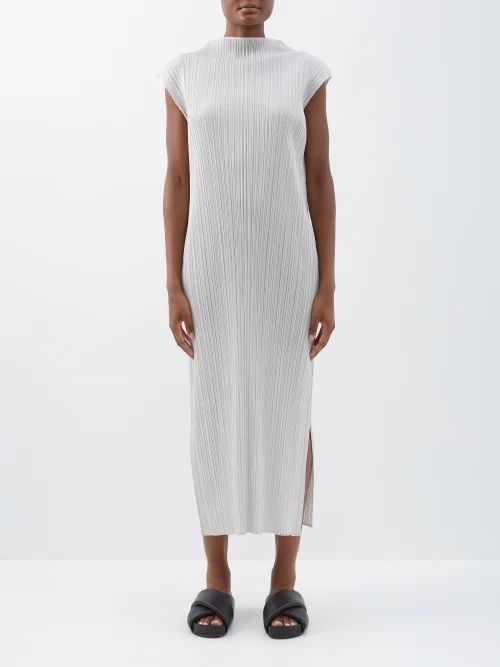 High-neck Technical-pleated Sleeveless Dress - Womens - Light Grey