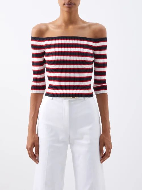 Off-the-shoulder Striped Cotton-blend Sweater - Womens - Navy Stripe