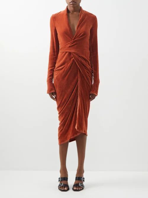 Gathered Velvet Wrap Dress - Womens - Orange