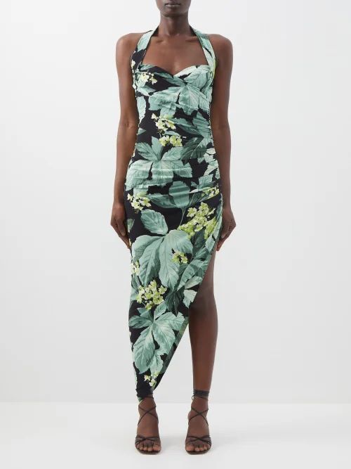 Cayla Botanical-print Asymmetric Jersey Dress - Womens - Green Print