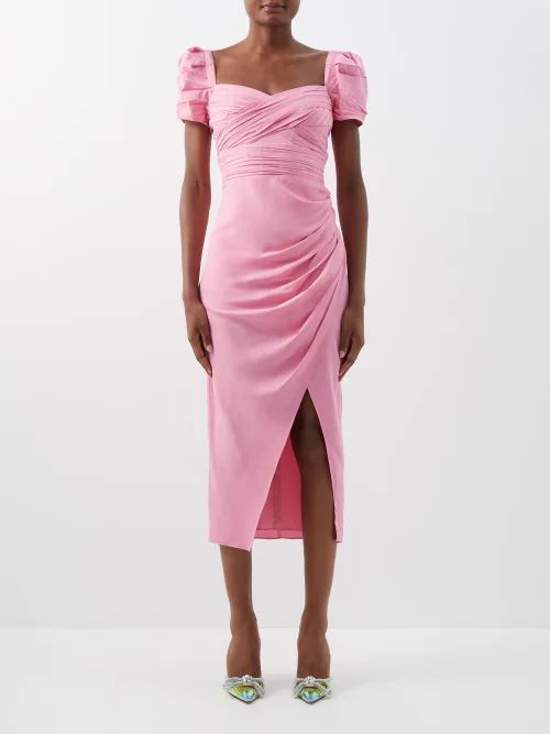 Puff-sleeve Gathered Crepe Dress - Womens - Bright Pink
