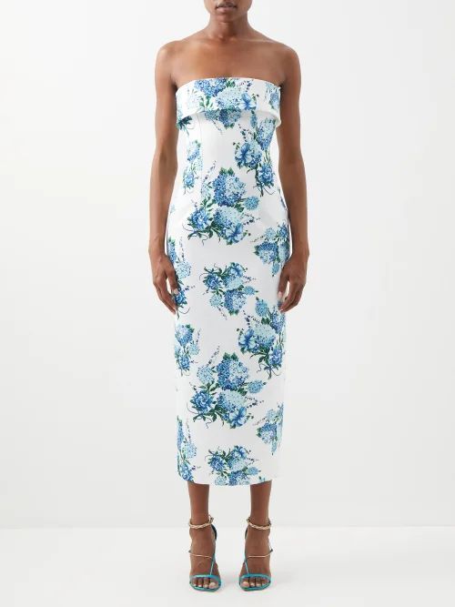 Catriona Floral-print Detachable-train Dress - Womens - Blue White