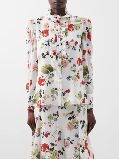 Constance Cahun Garden-print Ruffled Silk Blouse - Womens - White Multi