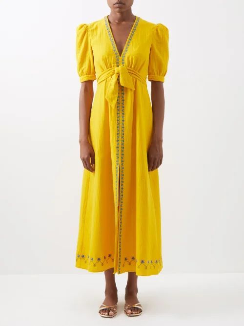 Jamie Floral-embroidered Crinkled-cotton Dress - Womens - Mid Yellow