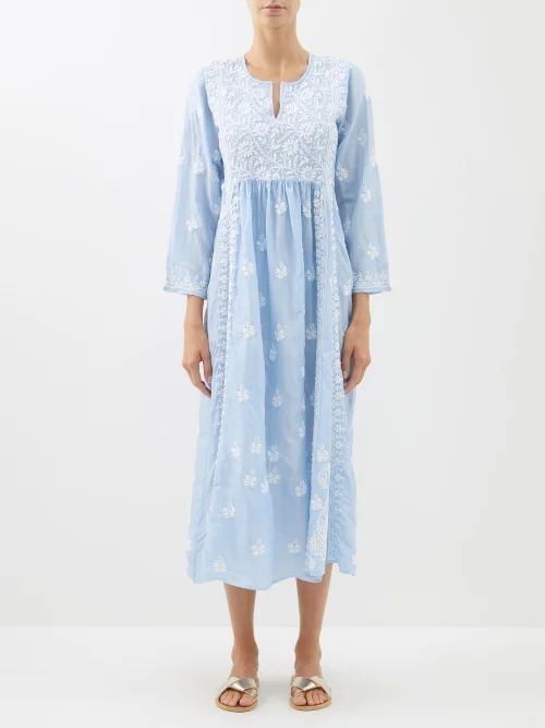 Floral-embroidered Silk Midi Dress - Womens - Light Blue