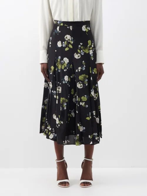 Christina Cahun Garden-print Silk-crepe Midi Skirt - Womens - Black Multi