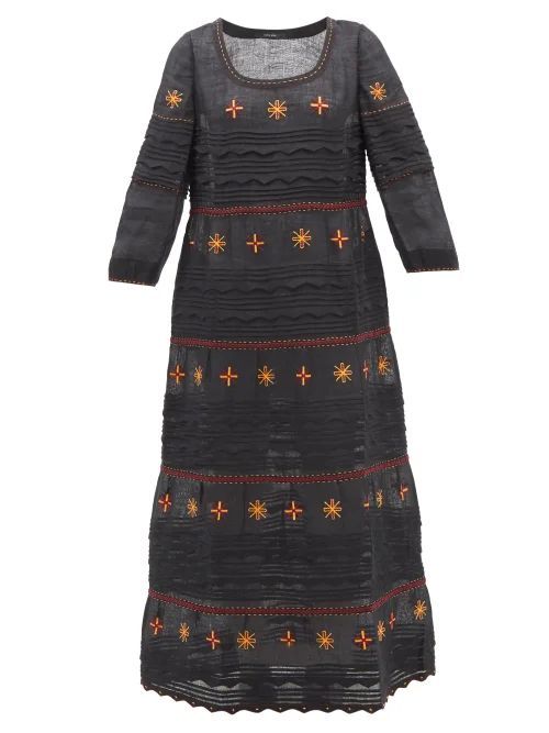 Karina Embroidered-linen Midi Dress - Womens - Black Multi