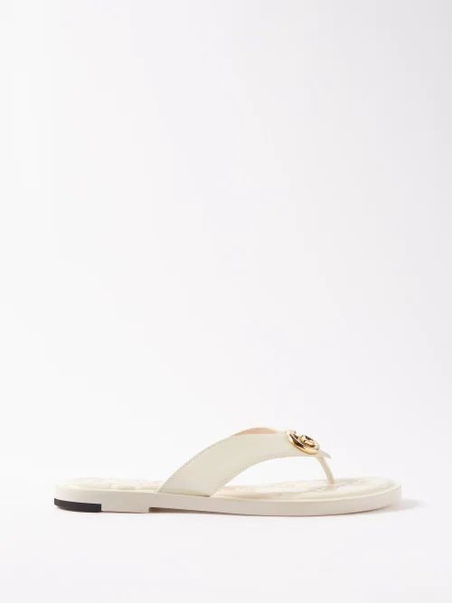 Nadeline Gg-logo Leather Flat Sandals - Womens - White