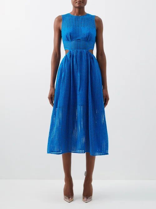 Side-cutout Broderie-anglaise Cotton Midi Dress - Womens - Bright Blue