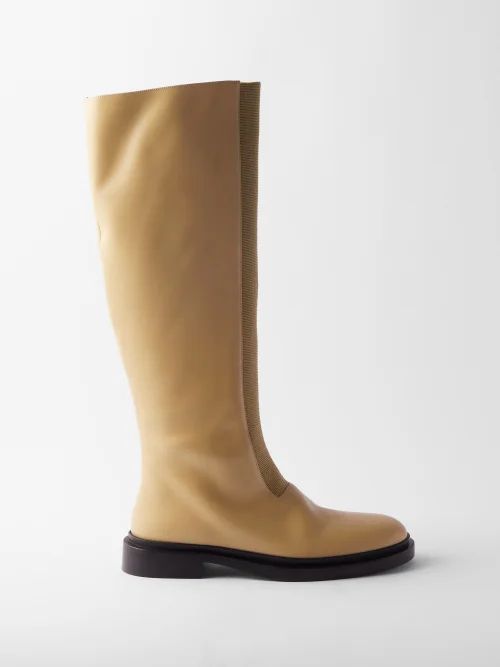 Flat Leather Knee Boots - Womens - Yellow