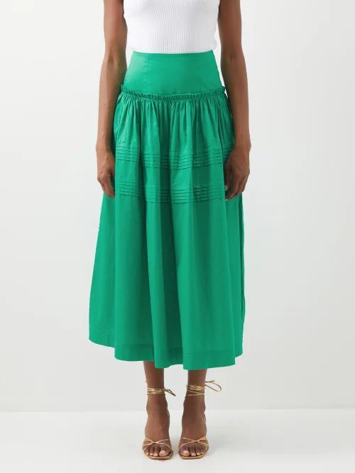 Pintucked Poplin Midi Skirt - Womens - Emerald
