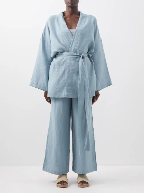 01 Long Linen Top And Trousers - Womens - Light Blue
