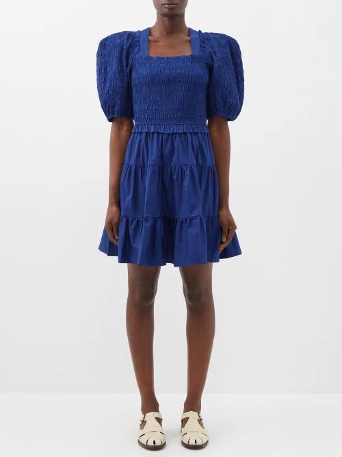 Sloane Puff-sleeve Smocked-cotton Mini Dress - Womens - Cobalt Blue