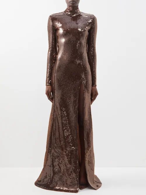 Side-slit Sequinned Gown - Womens - Brown