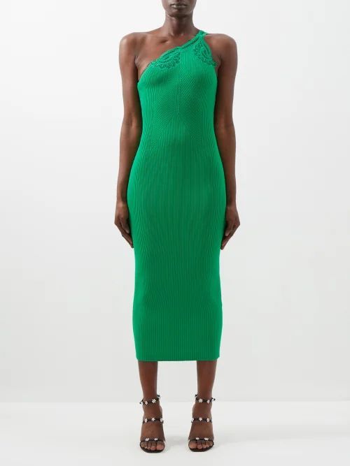 One-shoulder Ribbed-knit Midi Dress - Womens - Bright Green
