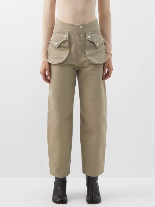 Patch-pocket Cotton-blend Wide-leg Trousers - Womens - Stone