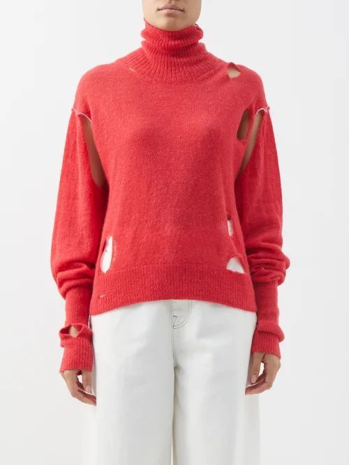Distressed Alpaca-blend Roll-neck Sweater - Womens - Light Red