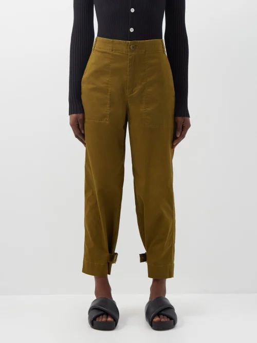 Cropped Cotton-twill Tapered Trousers - Womens - Olive