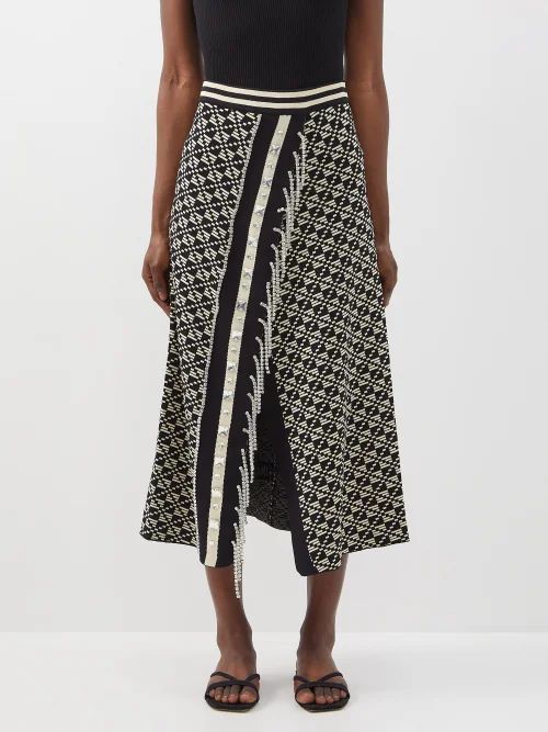 Shin Crystal-embellished Geometric-jacquard Skirt - Womens - Black Cream