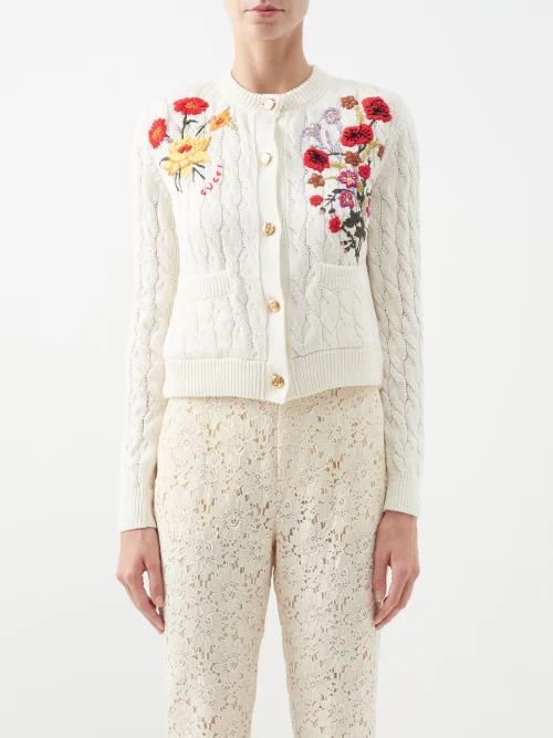 Logo And Floral-embroidered Cotton-blend Cardigan - Womens - Ivory Multi