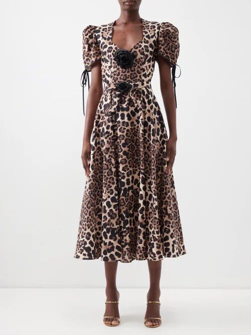 Leopard-print Puff-sleeve Silk Midi Dress - Womens - Multi
