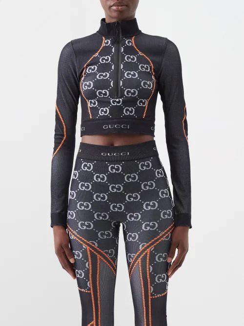 GG-monogram Long-sleeved Jersey Crop Top - Womens - Black Multi