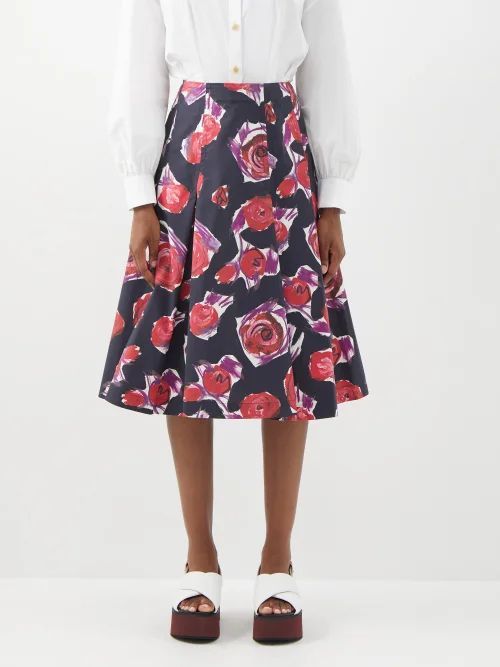 Elasticated-waist Floral-print Cotton Midi Skirt - Womens - Black Pink