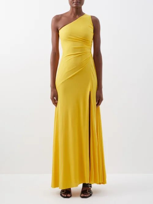 One-shoulder Gathered Crepe Gown - Womens - Yellow