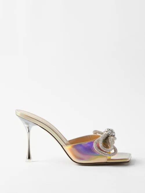 Double Bow 95 Crystal & Leather Mules - Womens - Gold