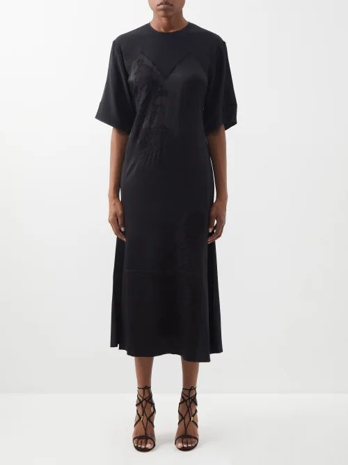 Lace-embroidered Satin-panel Crepe Midi Dress - Womens - Black