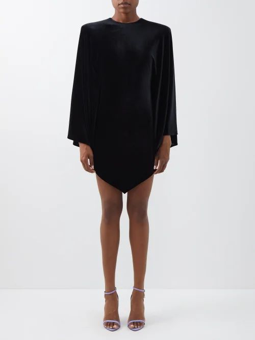 Cape-sleeve Velour Mini Dress - Womens - Black
